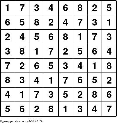 The grouppuzzles.com Answer grid for the Sudoku-8 puzzle for Thursday June 20, 2024