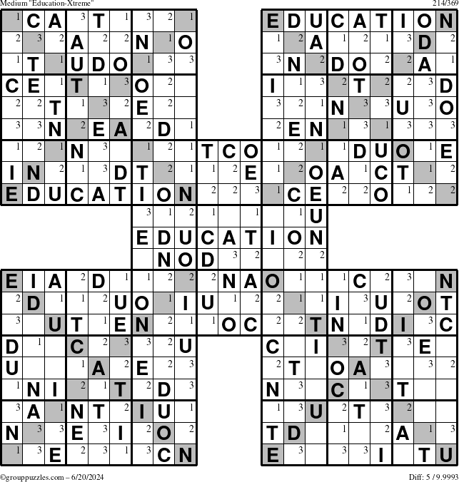 The grouppuzzles.com Medium Education-Xtreme puzzle for Thursday June 20, 2024 with the first 3 steps marked