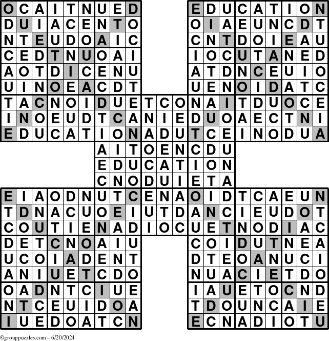 The grouppuzzles.com Answer grid for the Education-Xtreme puzzle for Thursday June 20, 2024