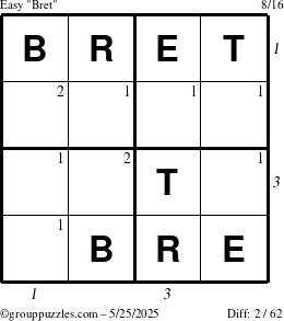 The grouppuzzles.com Easy Bret puzzle for Sunday May 25, 2025, suitable for printing, with all 2 steps marked