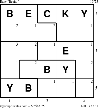 The grouppuzzles.com Easy Becky puzzle for Sunday May 25, 2025 with all 3 steps marked