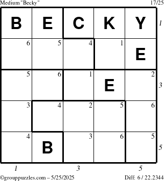 The grouppuzzles.com Medium Becky puzzle for Sunday May 25, 2025 with all 6 steps marked