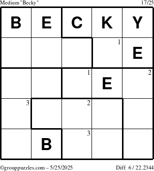 The grouppuzzles.com Medium Becky puzzle for Sunday May 25, 2025 with the first 3 steps marked