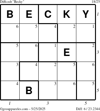 The grouppuzzles.com Difficult Becky puzzle for Sunday May 25, 2025 with all 6 steps marked