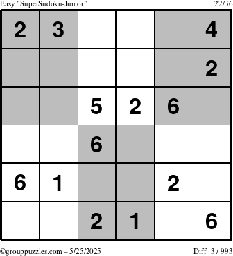 The grouppuzzles.com Easy SuperSudoku-Junior puzzle for Sunday May 25, 2025