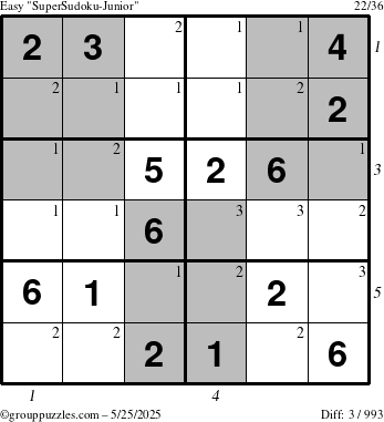 The grouppuzzles.com Easy SuperSudoku-Junior puzzle for Sunday May 25, 2025 with all 3 steps marked