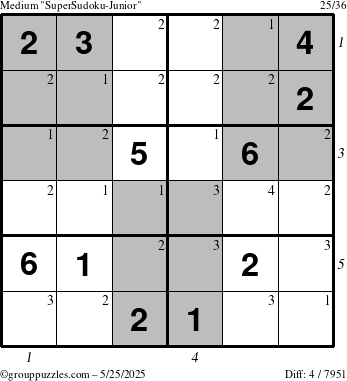 The grouppuzzles.com Medium SuperSudoku-Junior puzzle for Sunday May 25, 2025 with all 4 steps marked