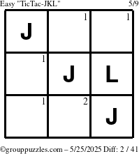 The grouppuzzles.com Easy TicTac-JKL puzzle for Sunday May 25, 2025 with the first 2 steps marked