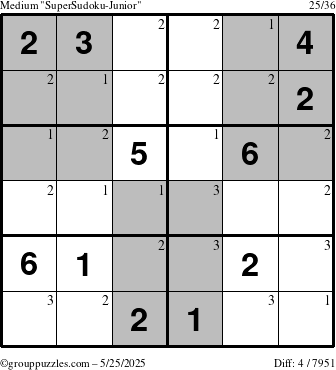 The grouppuzzles.com Medium SuperSudoku-Junior puzzle for Sunday May 25, 2025 with the first 3 steps marked