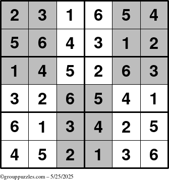 The grouppuzzles.com Answer grid for the SuperSudoku-Junior puzzle for Sunday May 25, 2025