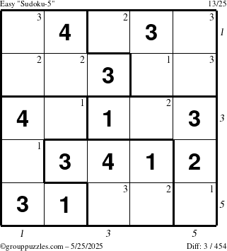 The grouppuzzles.com Easy Sudoku-5 puzzle for Sunday May 25, 2025 with all 3 steps marked