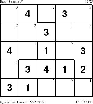 The grouppuzzles.com Easy Sudoku-5 puzzle for Sunday May 25, 2025 with the first 3 steps marked