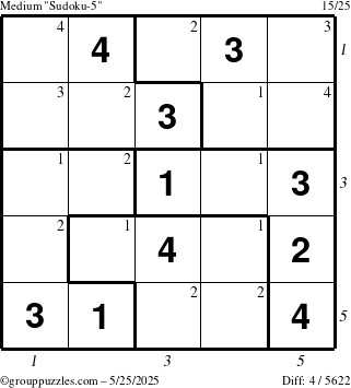 The grouppuzzles.com Medium Sudoku-5 puzzle for Sunday May 25, 2025 with all 4 steps marked