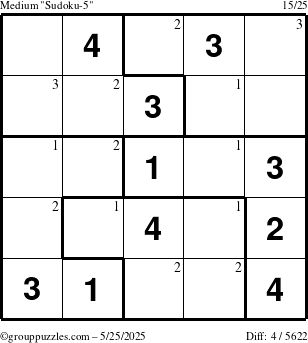 The grouppuzzles.com Medium Sudoku-5 puzzle for Sunday May 25, 2025 with the first 3 steps marked