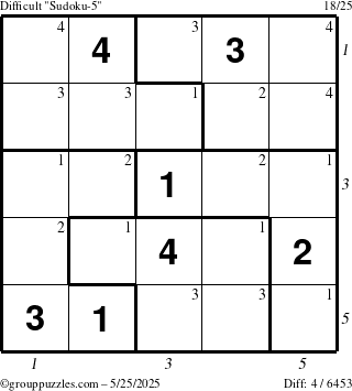 The grouppuzzles.com Difficult Sudoku-5 puzzle for Sunday May 25, 2025 with all 4 steps marked