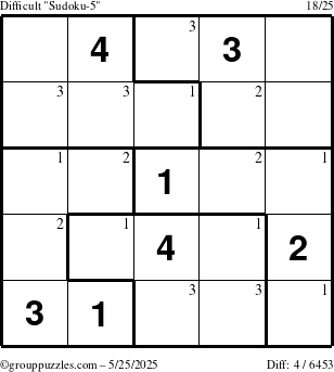 The grouppuzzles.com Difficult Sudoku-5 puzzle for Sunday May 25, 2025 with the first 3 steps marked