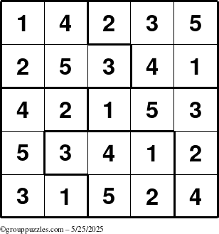 The grouppuzzles.com Answer grid for the Sudoku-5 puzzle for Sunday May 25, 2025