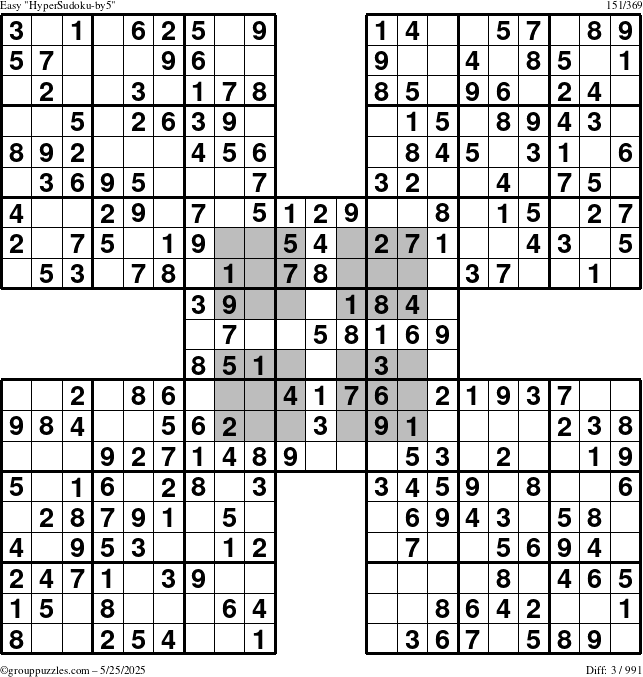 The grouppuzzles.com Easy HyperSudoku-by5 puzzle for Sunday May 25, 2025