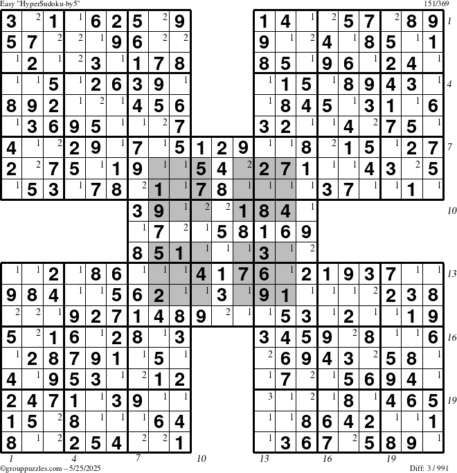 The grouppuzzles.com Easy HyperSudoku-by5 puzzle for Sunday May 25, 2025 with all 3 steps marked