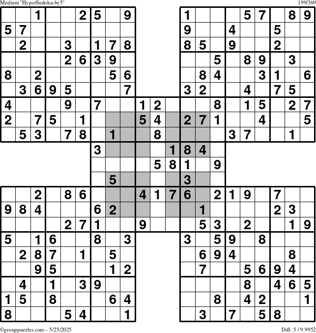 The grouppuzzles.com Medium HyperSudoku-by5 puzzle for Sunday May 25, 2025