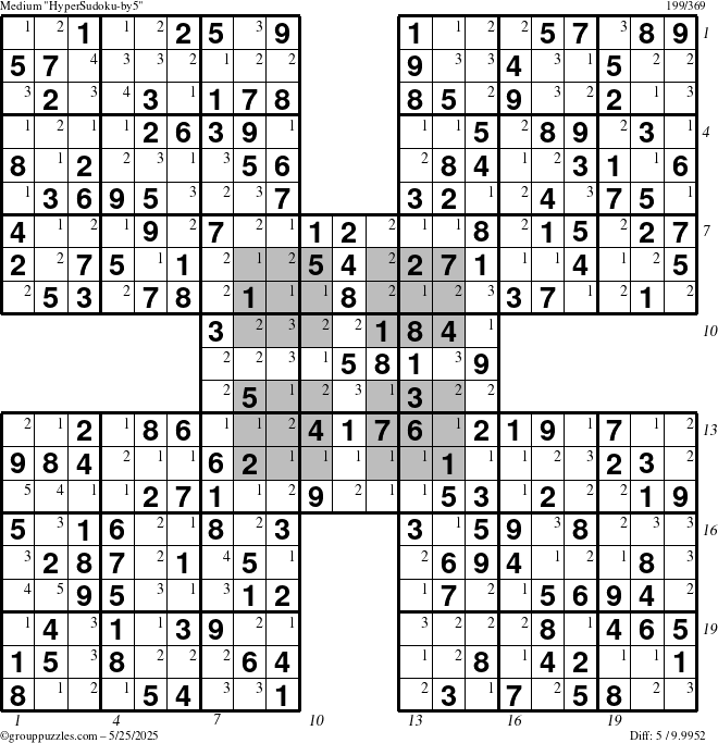 The grouppuzzles.com Medium HyperSudoku-by5 puzzle for Sunday May 25, 2025 with all 5 steps marked