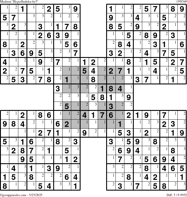 The grouppuzzles.com Medium HyperSudoku-by5 puzzle for Sunday May 25, 2025 with the first 3 steps marked