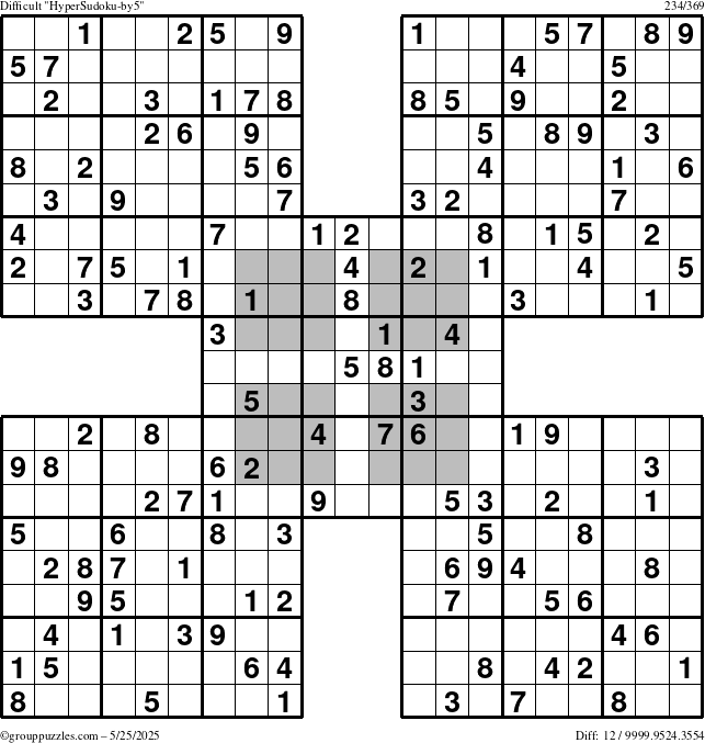 The grouppuzzles.com Difficult HyperSudoku-by5 puzzle for Sunday May 25, 2025