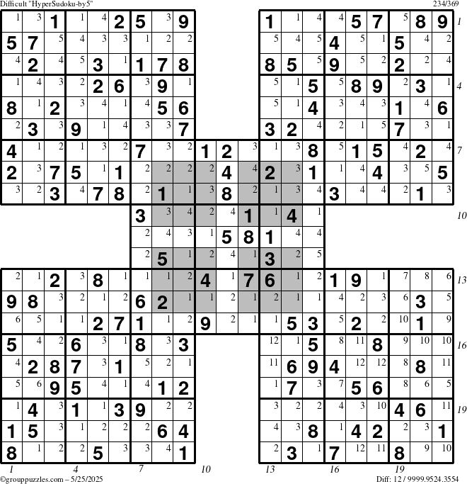 The grouppuzzles.com Difficult HyperSudoku-by5 puzzle for Sunday May 25, 2025 with all 12 steps marked