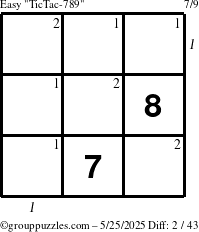The grouppuzzles.com Easy TicTac-789 puzzle for Sunday May 25, 2025 with all 2 steps marked