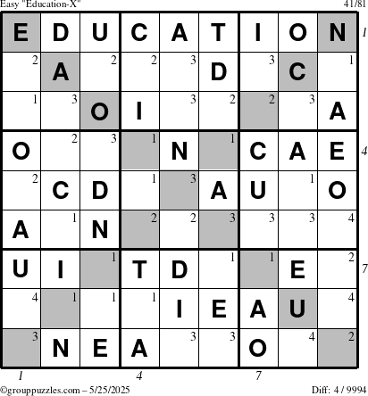 The grouppuzzles.com Easy Education-X puzzle for Sunday May 25, 2025 with all 4 steps marked