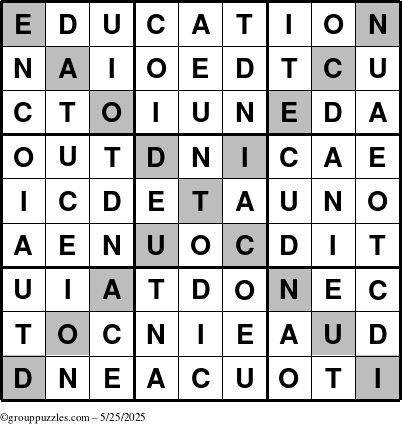 The grouppuzzles.com Answer grid for the Education-X puzzle for Sunday May 25, 2025