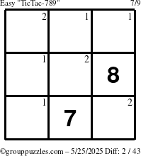 The grouppuzzles.com Easy TicTac-789 puzzle for Sunday May 25, 2025 with the first 2 steps marked