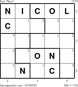 The grouppuzzles.com Easy Nicol puzzle for Thursday October 30, 2025 with all 3 steps marked