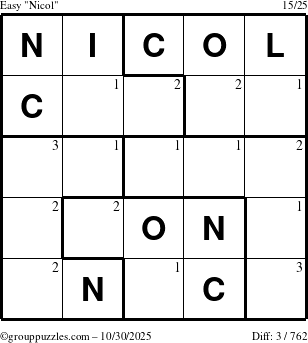 The grouppuzzles.com Easy Nicol puzzle for Thursday October 30, 2025 with the first 3 steps marked
