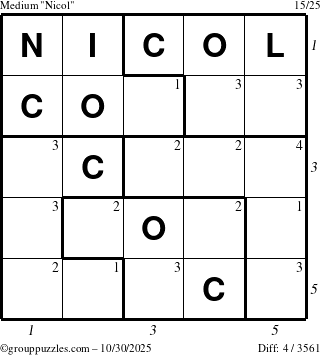 The grouppuzzles.com Medium Nicol puzzle for Thursday October 30, 2025 with all 4 steps marked