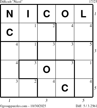 The grouppuzzles.com Difficult Nicol puzzle for Thursday October 30, 2025 with all 5 steps marked