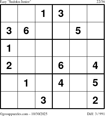 The grouppuzzles.com Easy Sudoku-Junior puzzle for Thursday October 30, 2025