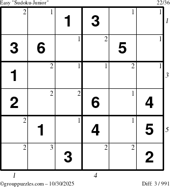 The grouppuzzles.com Easy Sudoku-Junior puzzle for Thursday October 30, 2025, suitable for printing, with all 3 steps marked