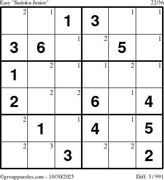 The grouppuzzles.com Easy Sudoku-Junior puzzle for Thursday October 30, 2025 with the first 3 steps marked