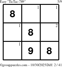 The grouppuzzles.com Easy TicTac-789 puzzle for Thursday October 30, 2025 with the first 2 steps marked