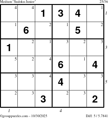 The grouppuzzles.com Medium Sudoku-Junior puzzle for Thursday October 30, 2025, suitable for printing, with all 5 steps marked