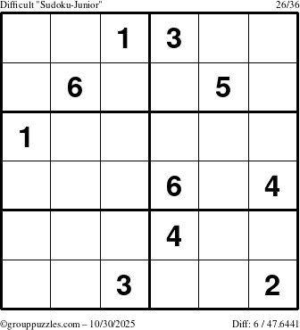 The grouppuzzles.com Difficult Sudoku-Junior puzzle for Thursday October 30, 2025