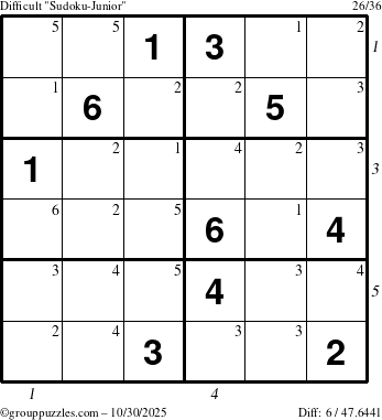 The grouppuzzles.com Difficult Sudoku-Junior puzzle for Thursday October 30, 2025 with all 6 steps marked
