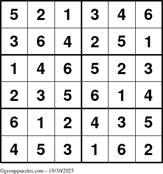 The grouppuzzles.com Answer grid for the Sudoku-Junior puzzle for Thursday October 30, 2025