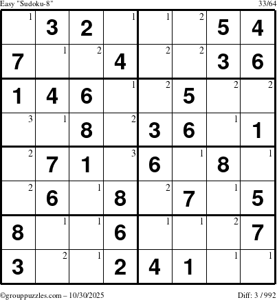 The grouppuzzles.com Easy Sudoku-8 puzzle for Thursday October 30, 2025 with the first 3 steps marked