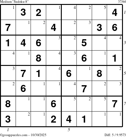 The grouppuzzles.com Medium Sudoku-8 puzzle for Thursday October 30, 2025, suitable for printing, with all 5 steps marked
