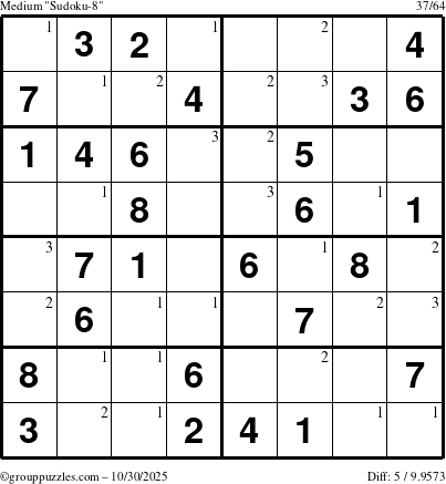 The grouppuzzles.com Medium Sudoku-8 puzzle for Thursday October 30, 2025 with the first 3 steps marked