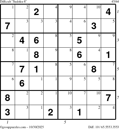 The grouppuzzles.com Difficult Sudoku-8 puzzle for Thursday October 30, 2025 with all 10 steps marked
