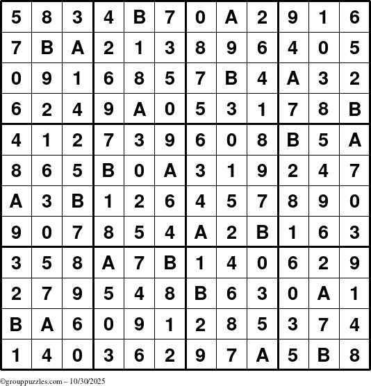 The grouppuzzles.com Answer grid for the Sudoku-12up puzzle for Thursday October 30, 2025