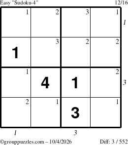 The grouppuzzles.com Easy Sudoku-4 puzzle for Sunday October 4, 2026, suitable for printing, with all 3 steps marked